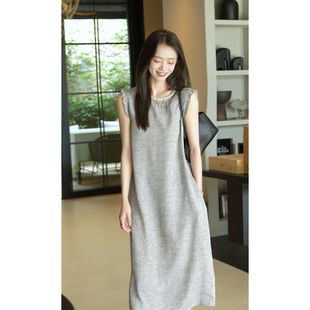 RH【麻灰小木耳】7729复古质感夏季显瘦点点提花双绉桑蚕丝连衣裙