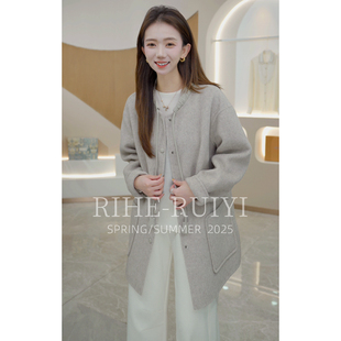 R H 【燕麦拿铁】258813羊毛混纺羊绒天丝拼皮领质感双面羊毛大衣