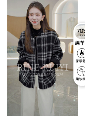 R H 气质格子双面羊毛大衣女羊驼毛混纺小个子休闲显瘦外套2562