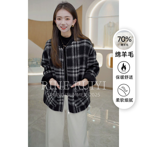 R H 气质格子双面羊毛大衣女羊驼毛混纺小个子休闲显瘦外套2562