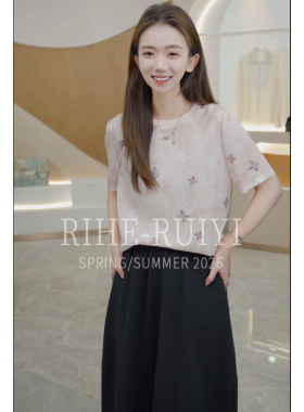 RH【横条鬼绉】RH793春夏新款气质显瘦四叶草印花桑蚕丝短袖T恤