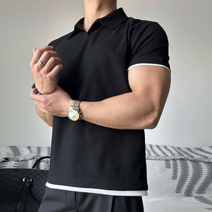 POLO透气 肌肉运动t健身假男恤显两件夏季 衫 休闲宽松短袖 翻领美式