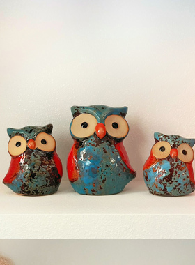 创意陶瓷猫头鹰一家三口摆件客厅电视柜幼儿园现代家居装饰工艺品