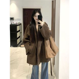 小众小个子宽松加厚保暖呢子外套女 新款 韩版 气质棕色毛呢大衣冬季