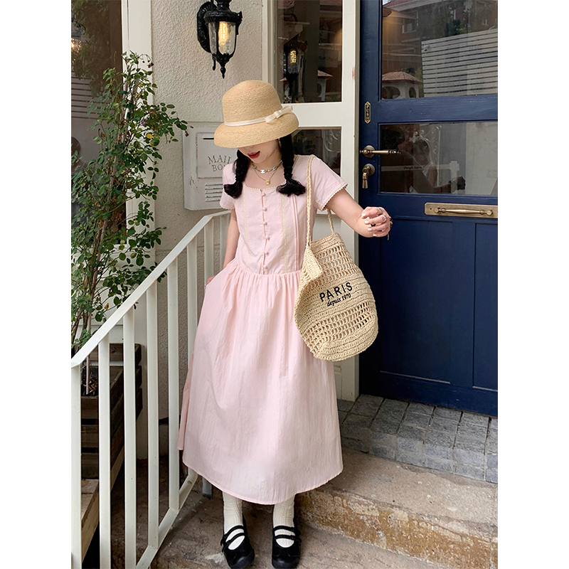 甜美粉色花边短袖连衣裙女夏季