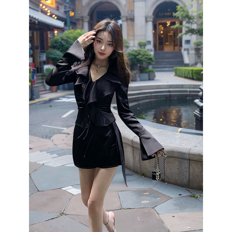 法式复古宫廷风绸面花边系带长袖衬衫/半裙时髦套装女早秋新款