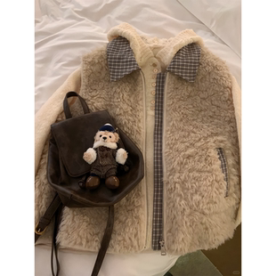 2025秋冬新款 韩系高级感毛茸茸格纹拼接马甲外套连帽上衣两件套女