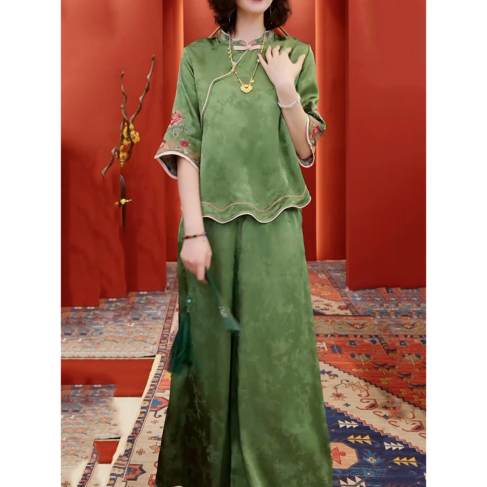 复古新中式高档裤套装2025夏季新款国风盘扣立领上衣+显瘦阔腿裤