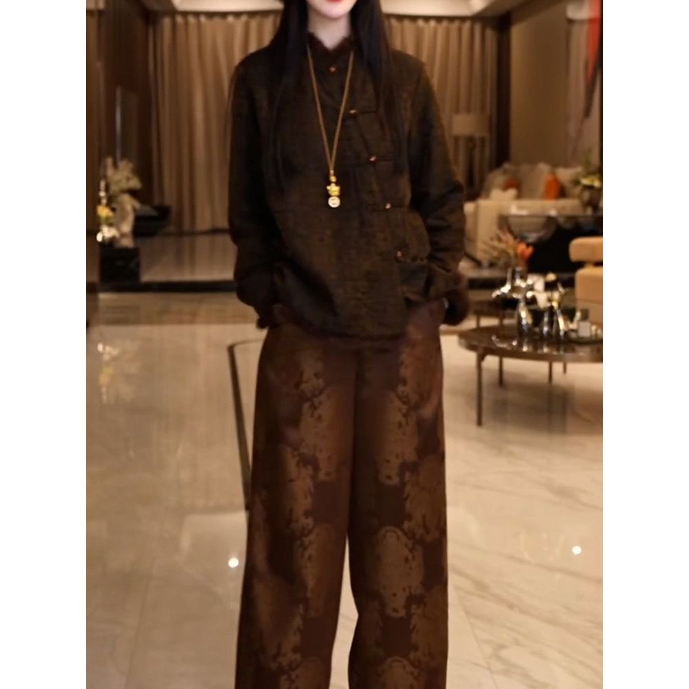 新中式文艺风高级感裤套装女2025秋冬新款轻奢夹棉盘扣衬衫+裤子