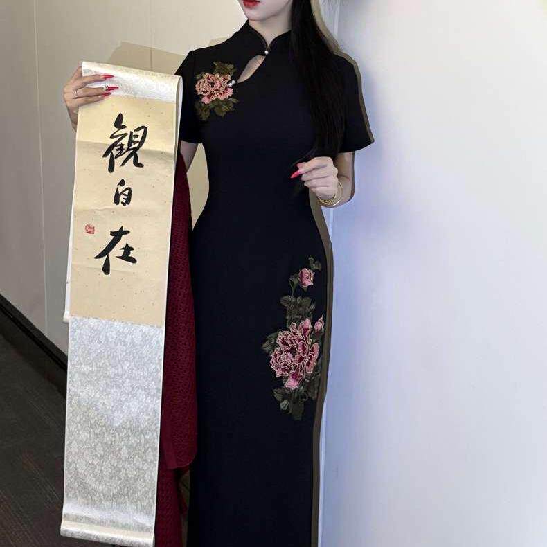 新中式改良弹力黑色刺绣旗袍西装连衣裙 玫瑰花神