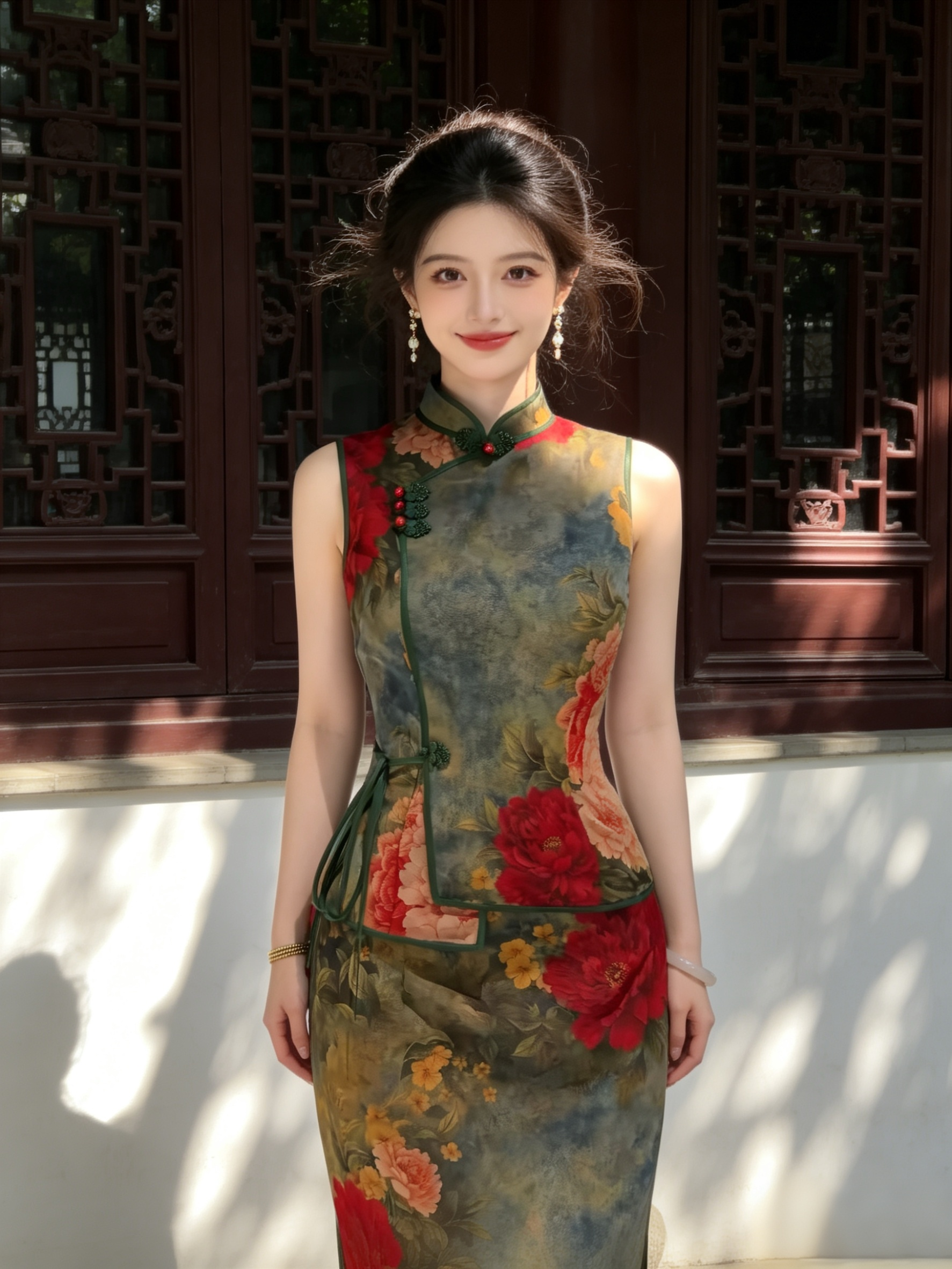 鹿禾自制新中式国风网纱弹力旗袍两件套 花绿牡丹