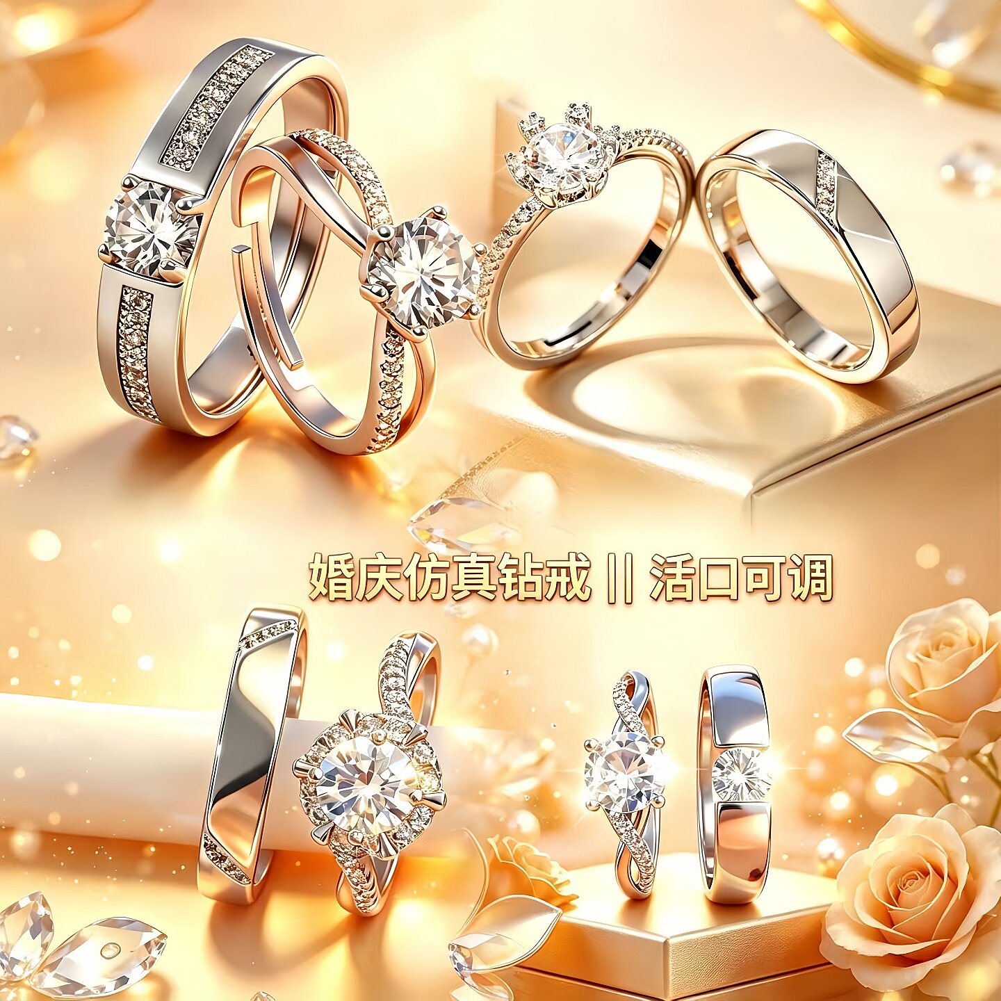 假戒指结婚仿真钻戒男女婚礼交换仪式用婚戒超大情侣拍照对戒活口