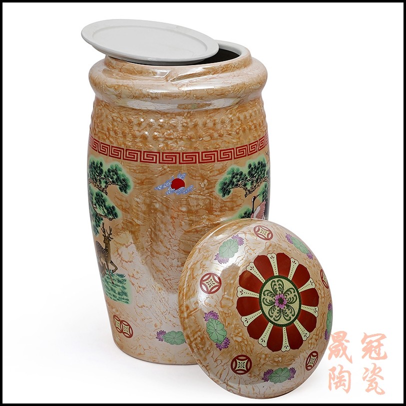 桔红松鹤陶瓷捡骨罐 金罐 金坛 金瓮 骨灰盒 景德镇骨灰坛