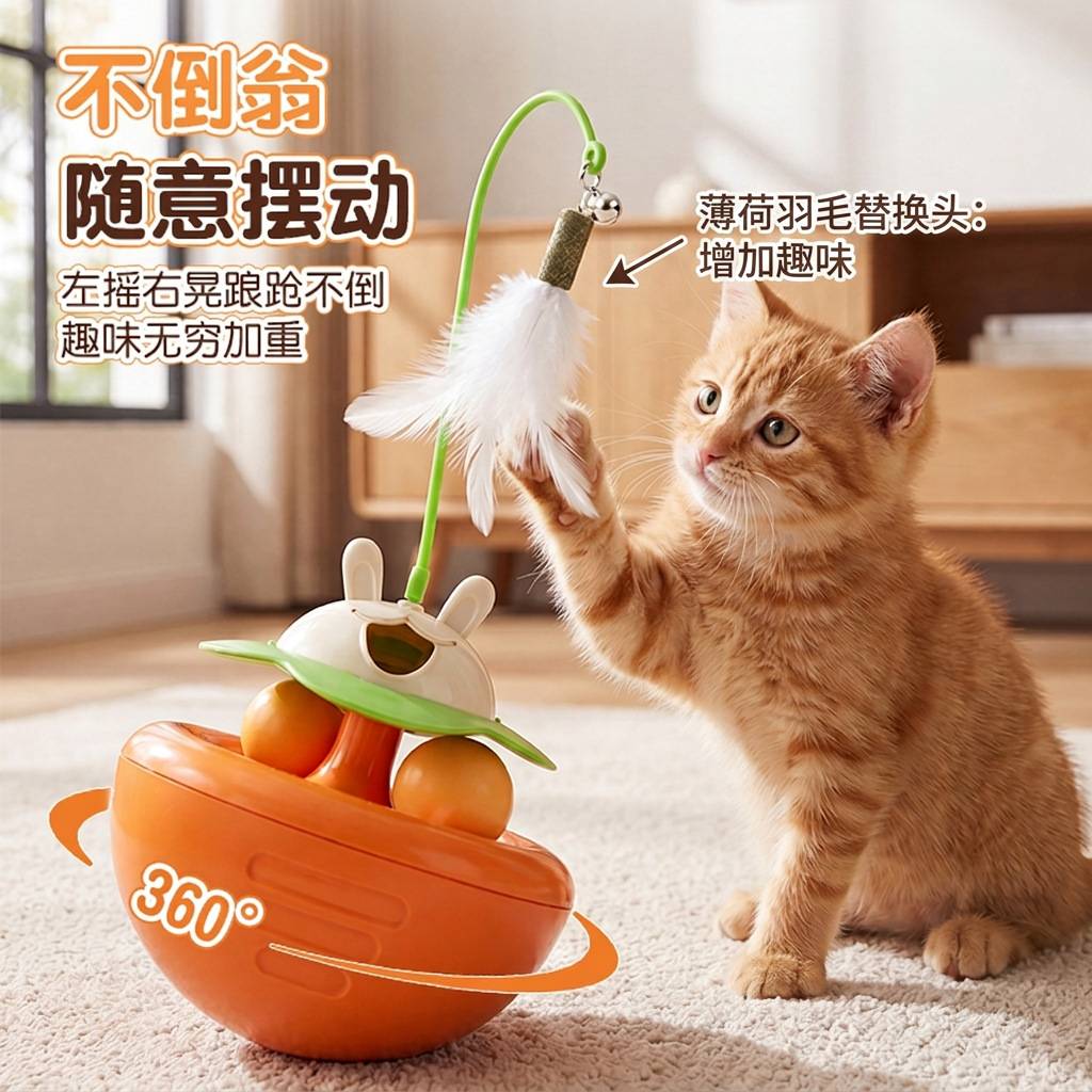 猫咪玩具胡萝卜不倒翁摇摆漏食转盘球羽毛铃铛自嗨解闷宠物逗猫棒
