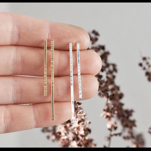 纯手工制作进口包金 通体纯银耳钉 极简竖条錾刻纹理耳饰低调简约