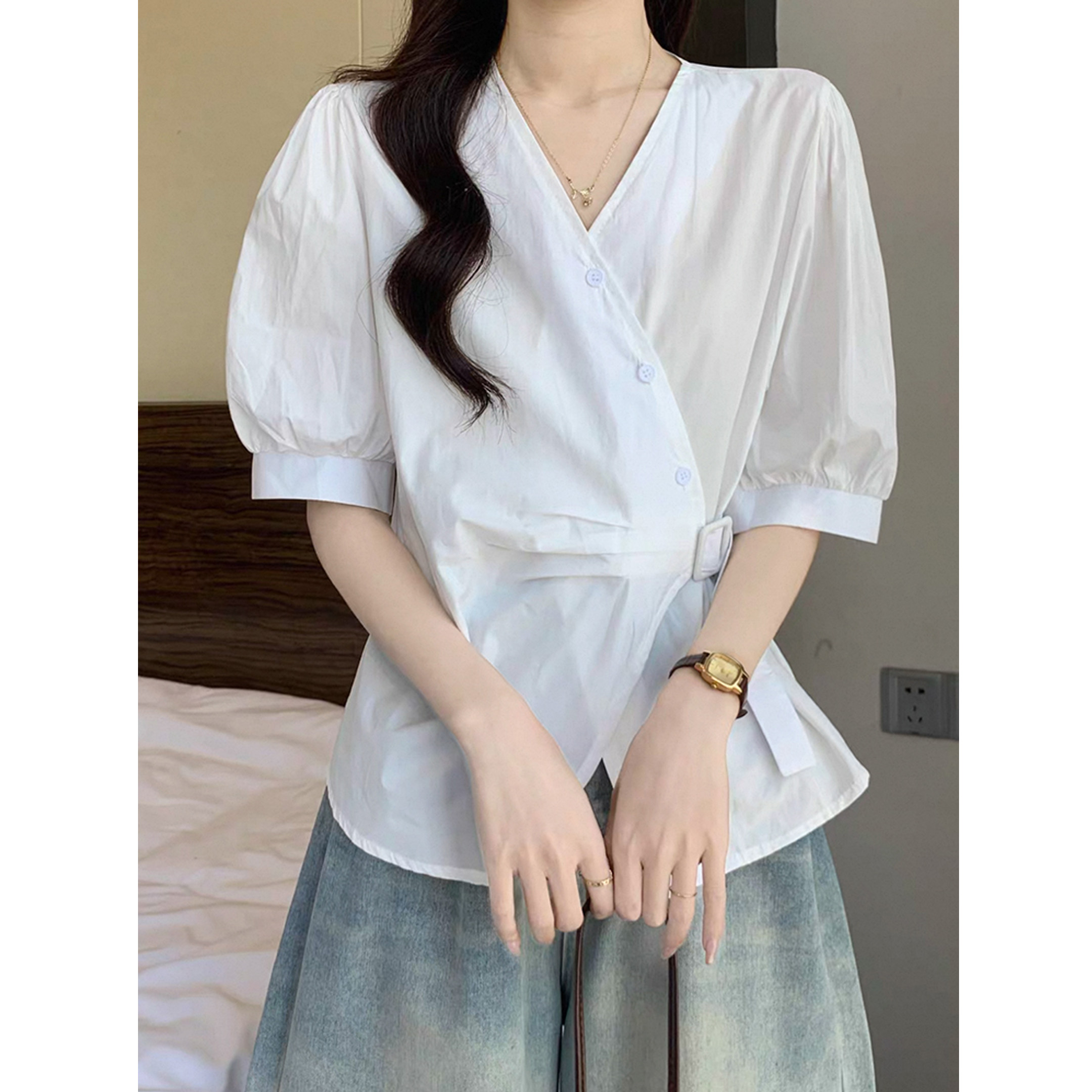 夏季法式宽松短袖大码女衬衫图片