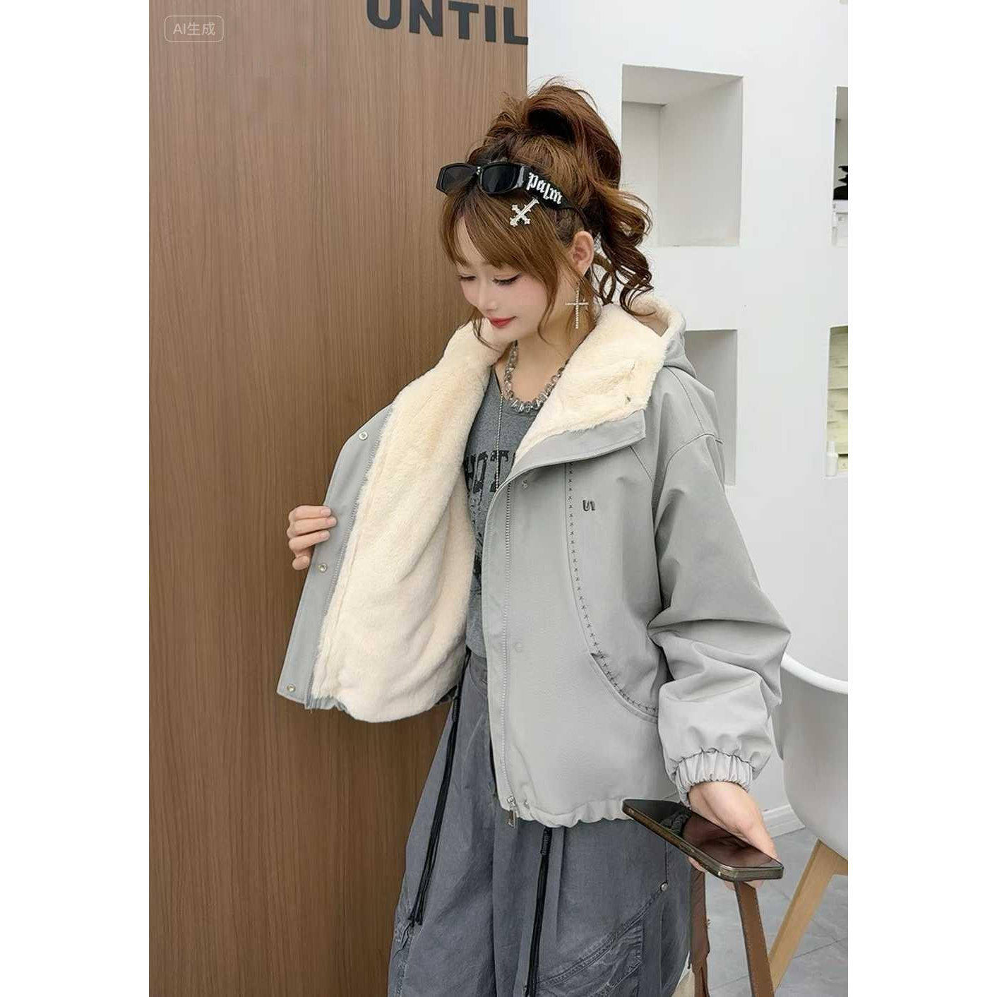 2026新款女加绒加厚短款棉服