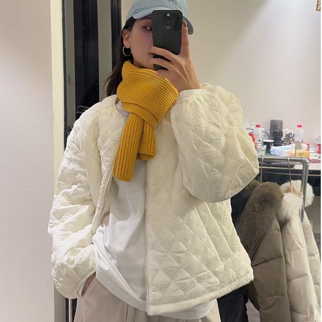 秋冬新款棒球领菱格纹轻薄棉服女