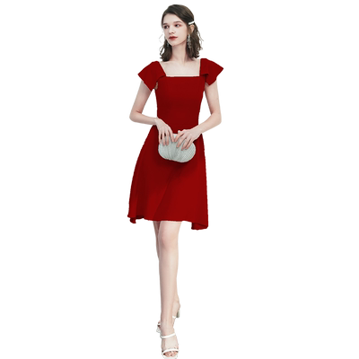 新娘红色赫本风短款订婚晚礼服
