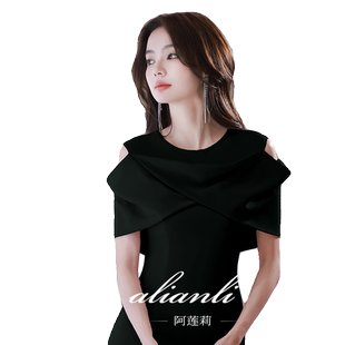 晚礼服女宴会轻奢小众高端高级感小个子黑色缎面连衣裙成人礼女孩