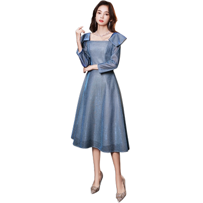 晚礼服女宴会气质轻奢小众高端法式高级感长袖钢琴演奏蓝色连衣裙
