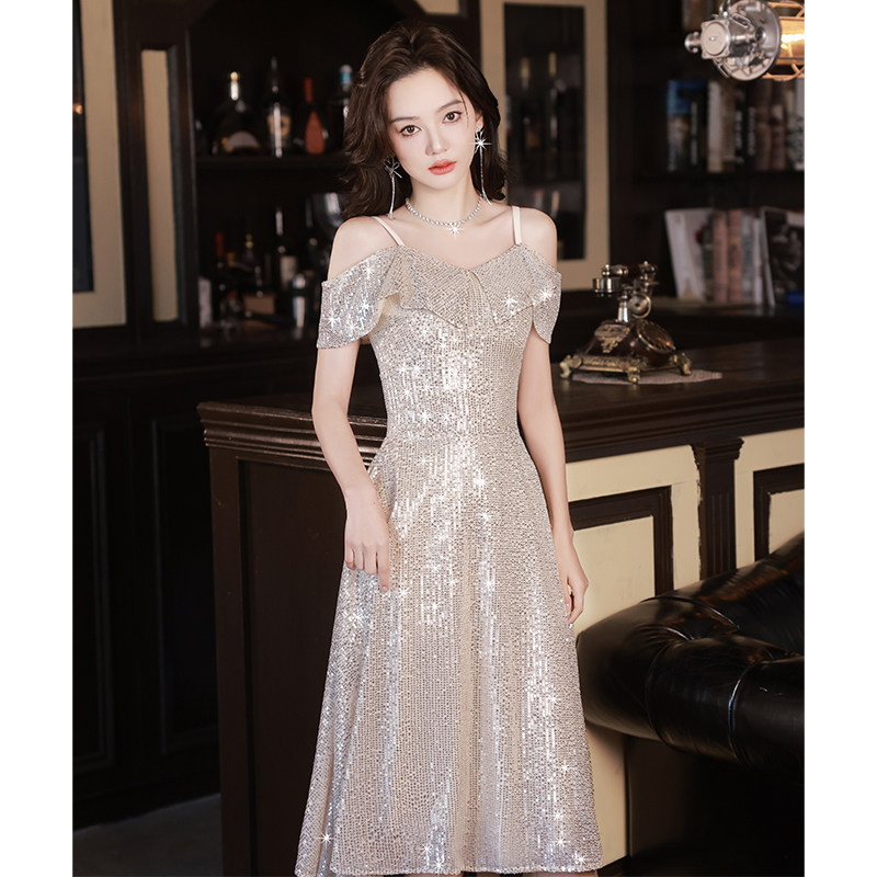阿莲莉赫本风吊带亮片小晚礼服女图片