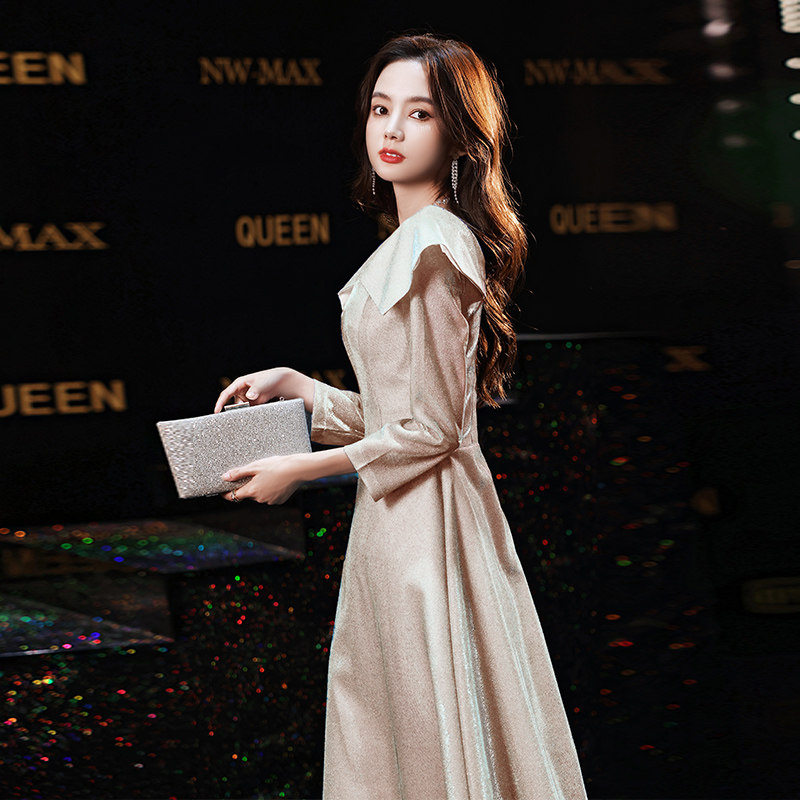 晚礼服女宴会气质冬季轻奢小众高端年会伴娘服香槟色生日裙高级感