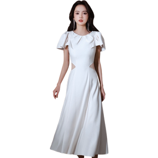 晚礼服女轻奢小众高端法式高级感赫本风主持人端庄大气白色连衣裙