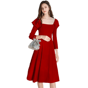敬酒服新娘红色高级感赫本风小红裙长袖订婚法式结婚便装晚礼服女