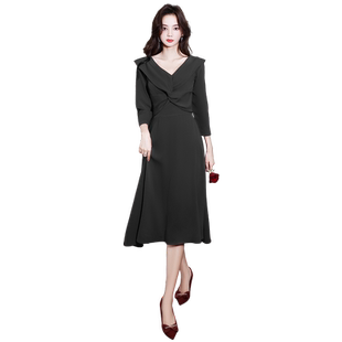 晚礼服裙女宴会轻奢小众高端法式高级感主持人端庄大气黑色长袖