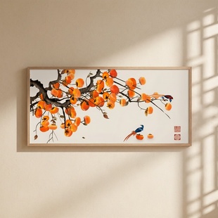 柿柿如意手绘油画玄关客厅装饰画新中式花鸟挂画事事如意