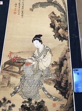 明代唐寅红叶题诗仕女画唐伯虎国画人物彷古画芯真迹U复制工笔画