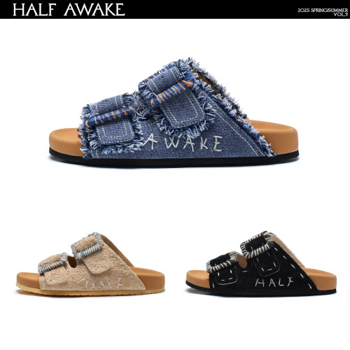 HALFAWAKE勃肯刺绣牛皮凉拖鞋女