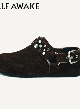 HALF AWAKE25秋冬新款钻饰牛羊真皮一脚蹬勃肯懒人鞋包头半拖女鞋