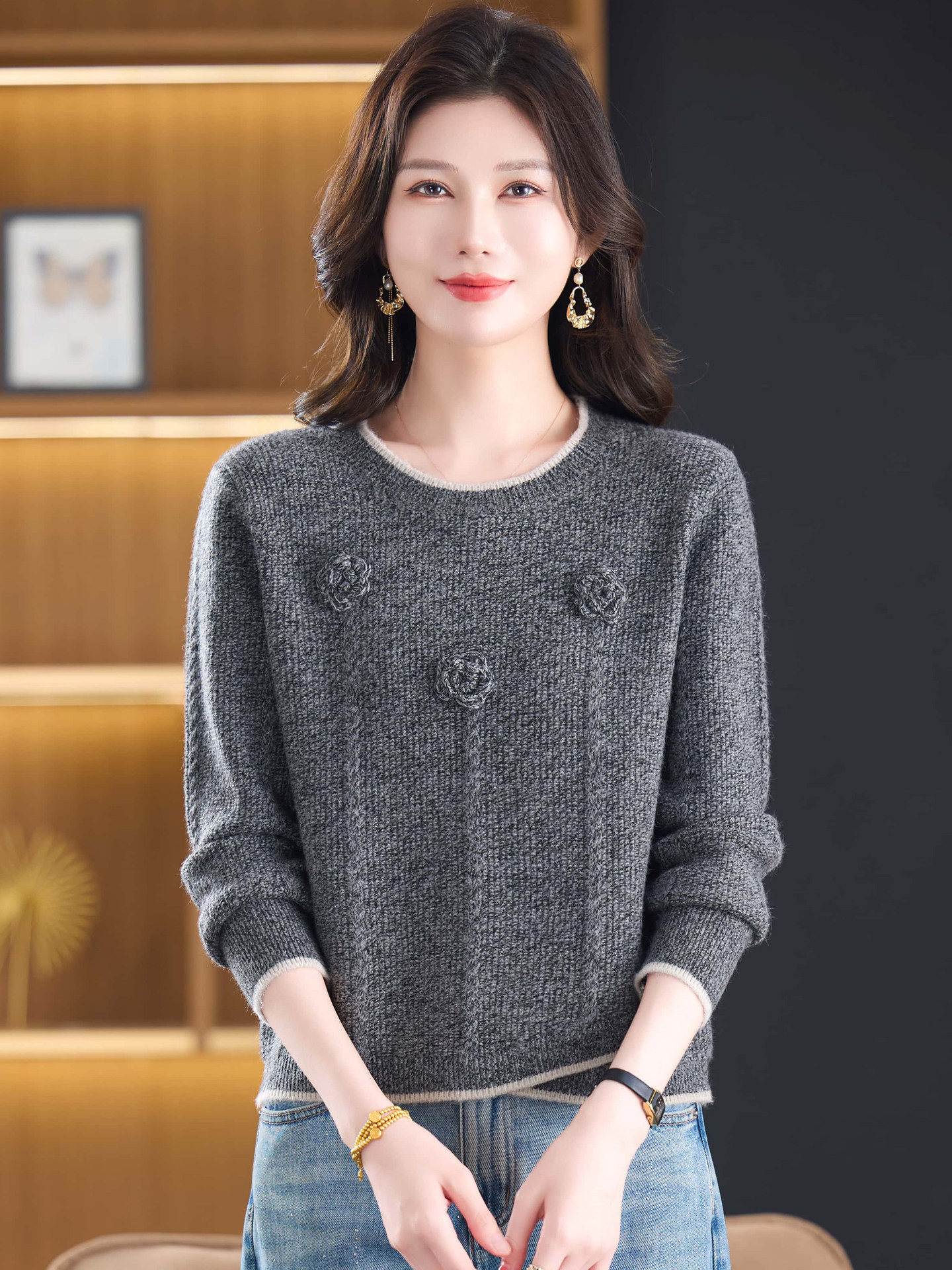 立体花针织衫女宽松圆领上衣春秋短款小个子不规则粗毛线打底毛衣