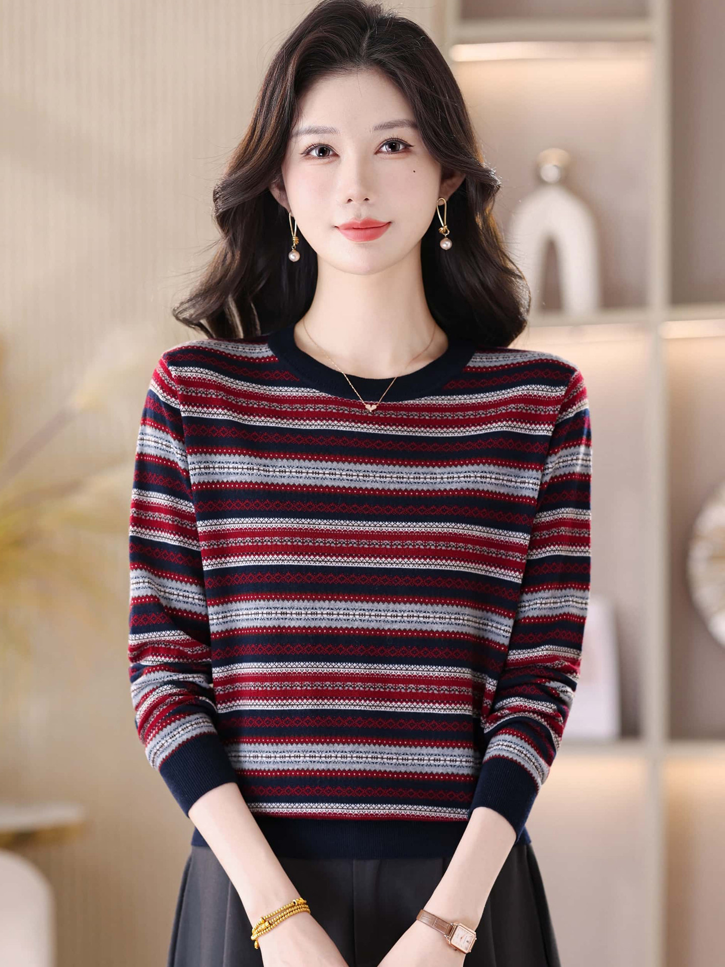 复古条纹羊毛衫女宽松长袖t恤2026新款春秋民族风针织衫打底毛衣