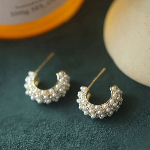法式满钻仿珍珠C形耳环新款甜美