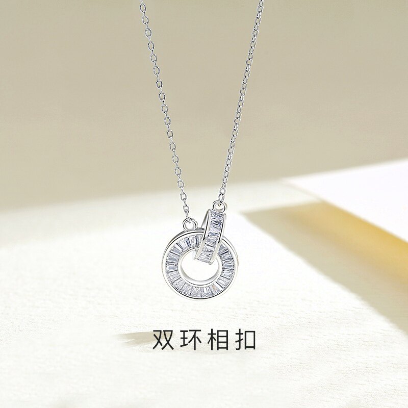 s925纯银轻奢小众镶钻双环项链女