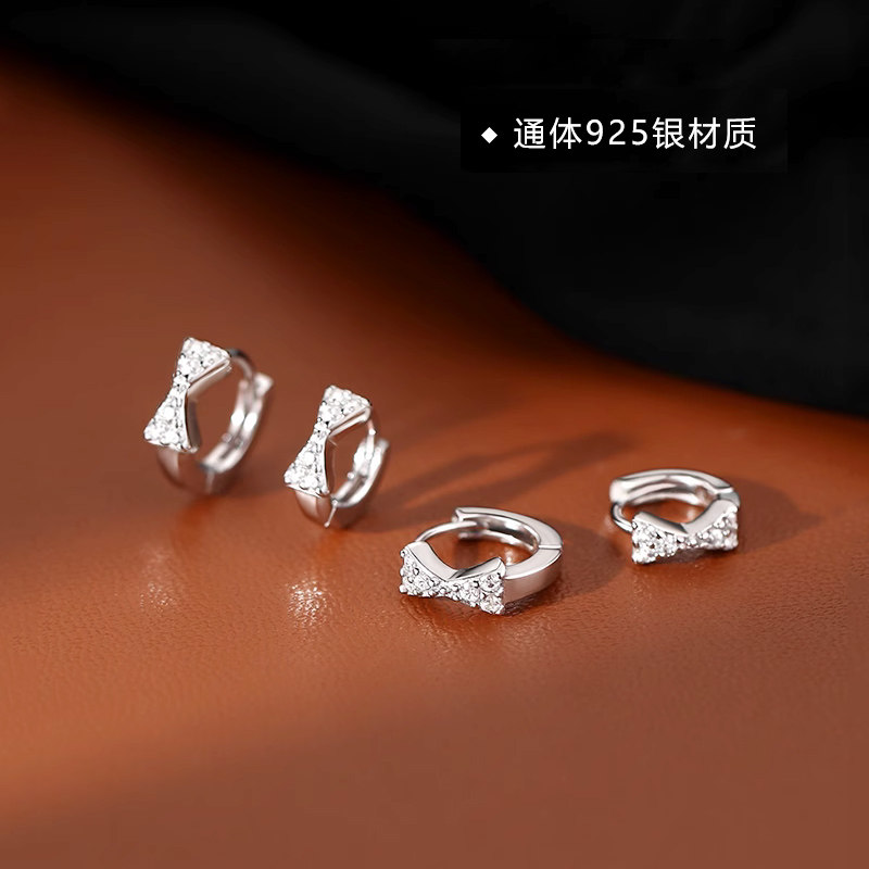 s925纯银镶钻蝴蝶结耳扣女养耳洞