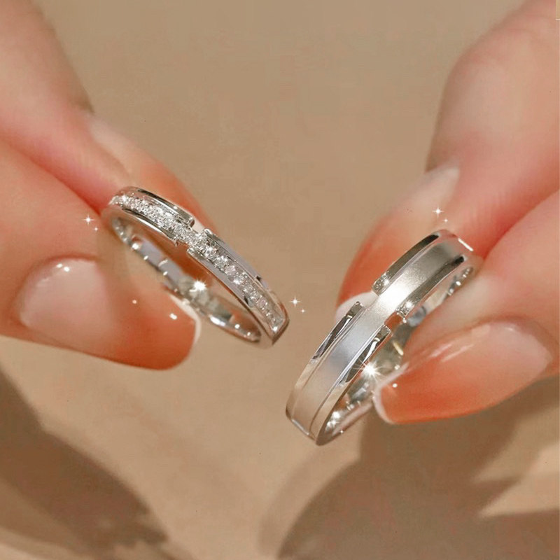 925纯银蒹葭与白露情侣戒指一对开口对戒520表白求婚礼物送女朋友