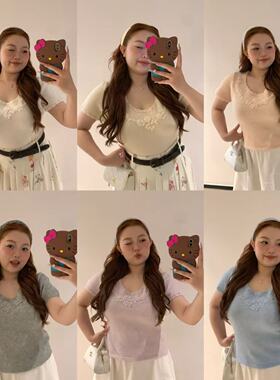 慧芝huizhi 25859甜美绣花上衣 定制款 法式U领针织半袖