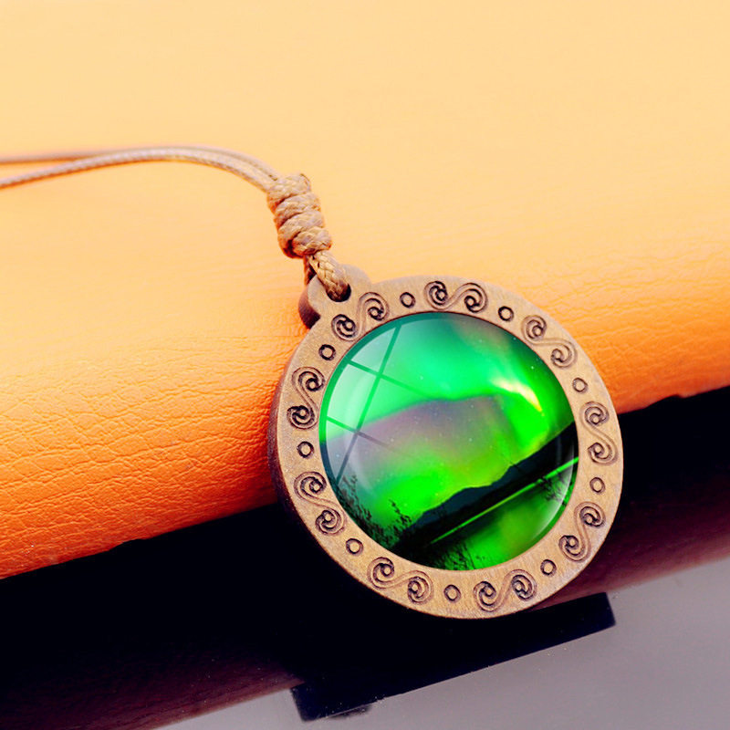 北极光时光宝石木质吊坠项链女百搭复古棕色蜡绳毛衣链饰品