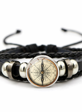 temu热销指南针图案皮革手链复古手工多层串珠编织手链饰品小礼物