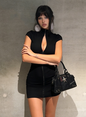 shemoda酷辣风单排钩扣开衫网纱拼接短袖连衣裙女高腰修身短裙子