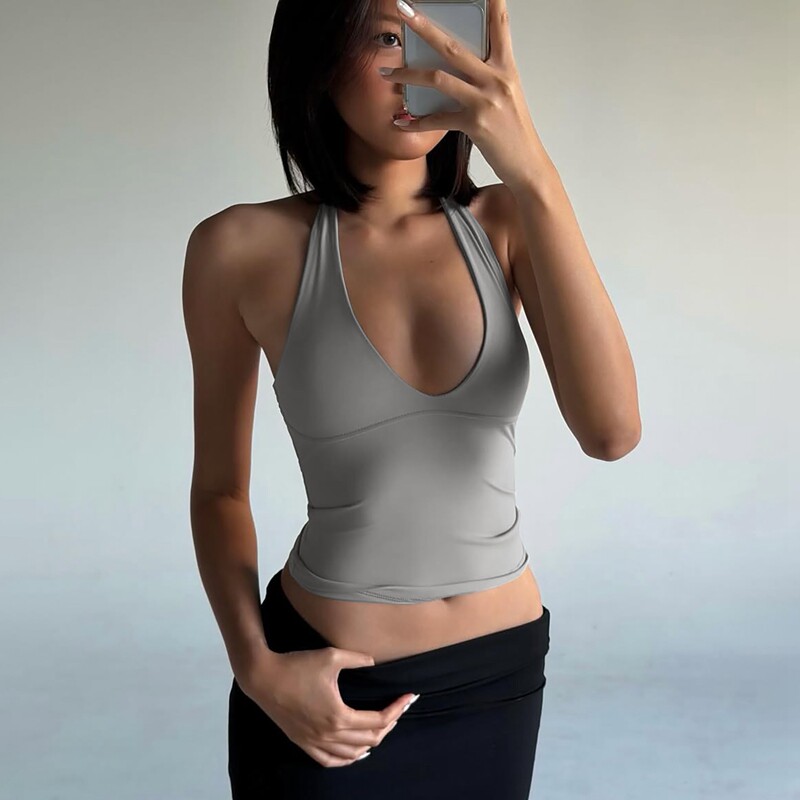 shemoda欧美风深V领绑带露背挂脖连衣裙纯色弹力修身夏季百搭上衣