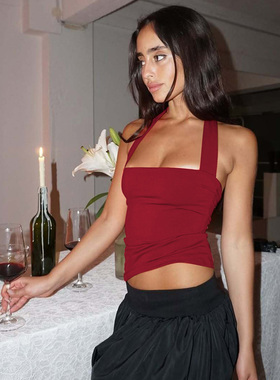 shemoda欧美风性感一字领系带挂脖吊带背心女 辣妹百搭修身短上衣