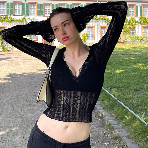 时尚V领花边蕾丝长袖上衣