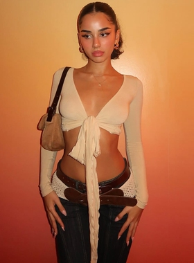 shemoda时尚性感辣妹扭结绑带开衫短款漏脐修身百搭长袖T恤上衣女