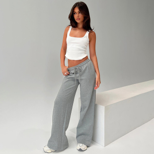 shemoda日常百搭抽绳松紧高腰直筒宽松休闲长裤 子 女简约纯色卫裤