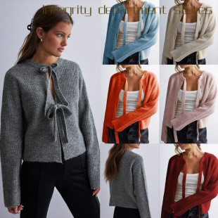 lace cut 纯色系带开衫 neck 宽 top秋冬上衣爆款 sexy sheer out